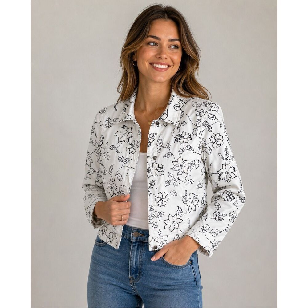 Geoffrey Beene Sport Floral Stretch Jacket Womens Size 6 White Black